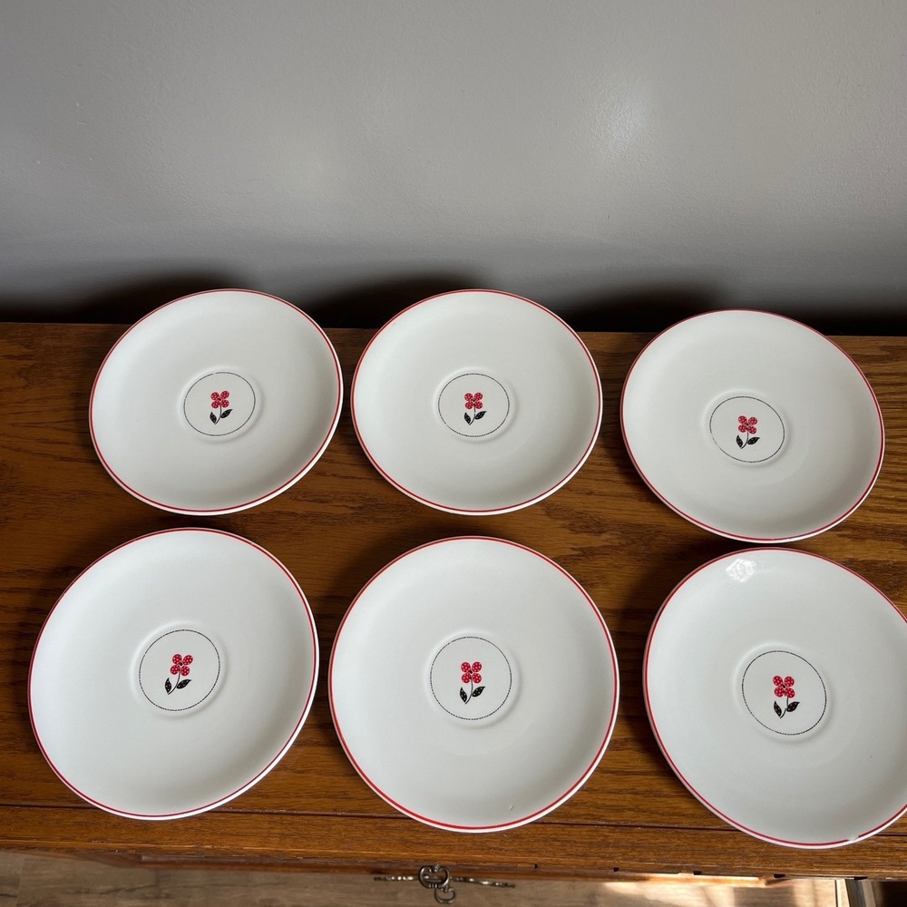 Vintage MCM Calico by‎ Salem Saucer Plate Set of 6 Red Black Floral Cottagecore